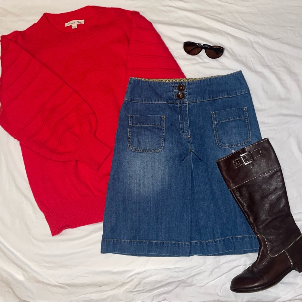 Red sweater outfit bundle: Vine & Love Sweater, Boden Jean Skirt, Boden boots